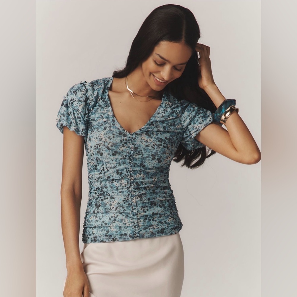 Anthropologie Shirred/Ruched Mesh Floral Blue V-Neck Top size Medium NWT